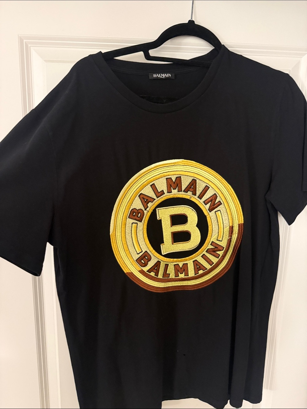 Balmain Black T-Shirt with Yellow and Brown Emblem